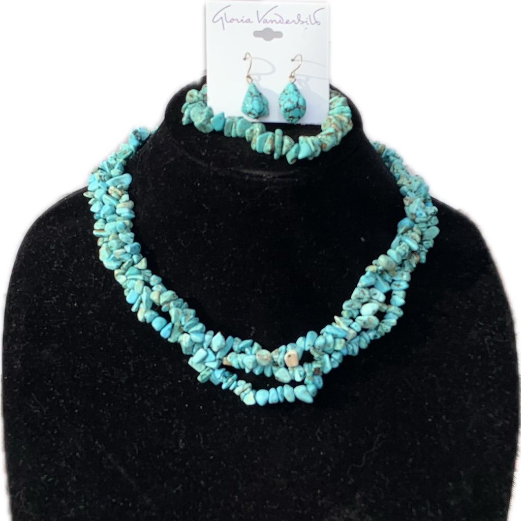 Gloria Vanderbilt Turquoise Necklace 19” + Bracelet 8” Adjustable + Earring Set